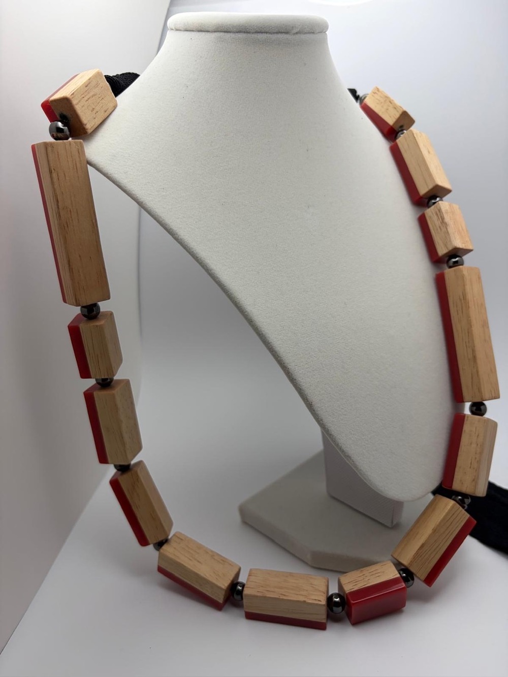 Wooden Block Necklace with Red Accents - Women's Fashion Necklace